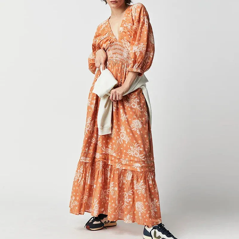 Chiffon Tiered Swing Deep V Neck Puff Sleeve Women's Boho Dress