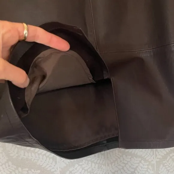 Chocolate Brown 100% Leather Pencil Skirt, Belt Loops, Stitching Detail, 4