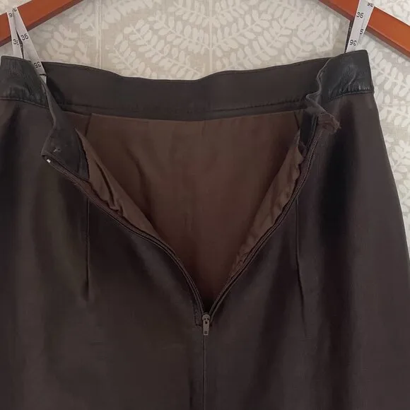 Chocolate Brown 100% Leather Pencil Skirt, Belt Loops, Stitching Detail, 4
