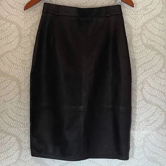 Chocolate Brown 100% Leather Pencil Skirt, Belt Loops, Stitching Detail, 4