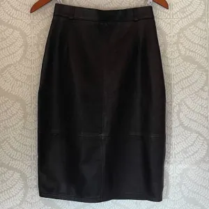 Chocolate Brown 100% Leather Pencil Skirt, Belt Loops, Stitching Detail, 4