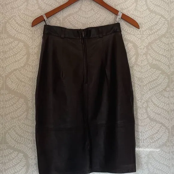 Chocolate Brown 100% Leather Pencil Skirt, Belt Loops, Stitching Detail, 4