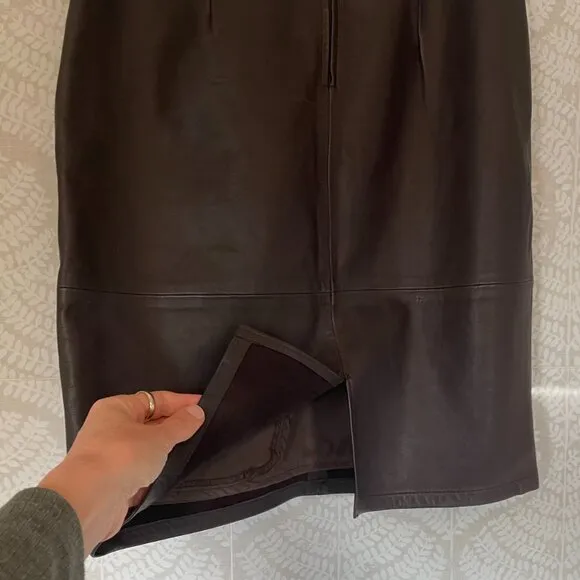Chocolate Brown 100% Leather Pencil Skirt, Belt Loops, Stitching Detail, 4