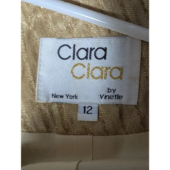 CLARA CLARA! STRIKING GOLD W/METALLIC RHINESTONE BUTTONED SKIRT SUIT, SET! SZ 12