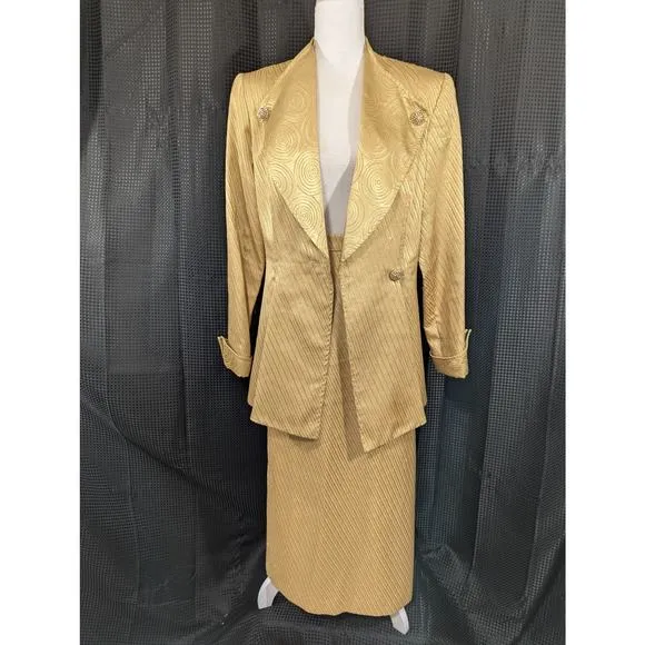 CLARA CLARA! STRIKING GOLD W/METALLIC RHINESTONE BUTTONED SKIRT SUIT, SET! SZ 12