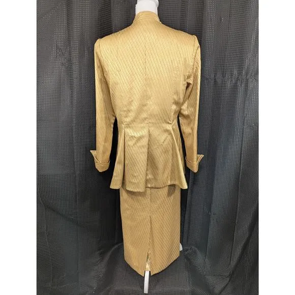 CLARA CLARA! STRIKING GOLD W/METALLIC RHINESTONE BUTTONED SKIRT SUIT, SET! SZ 12