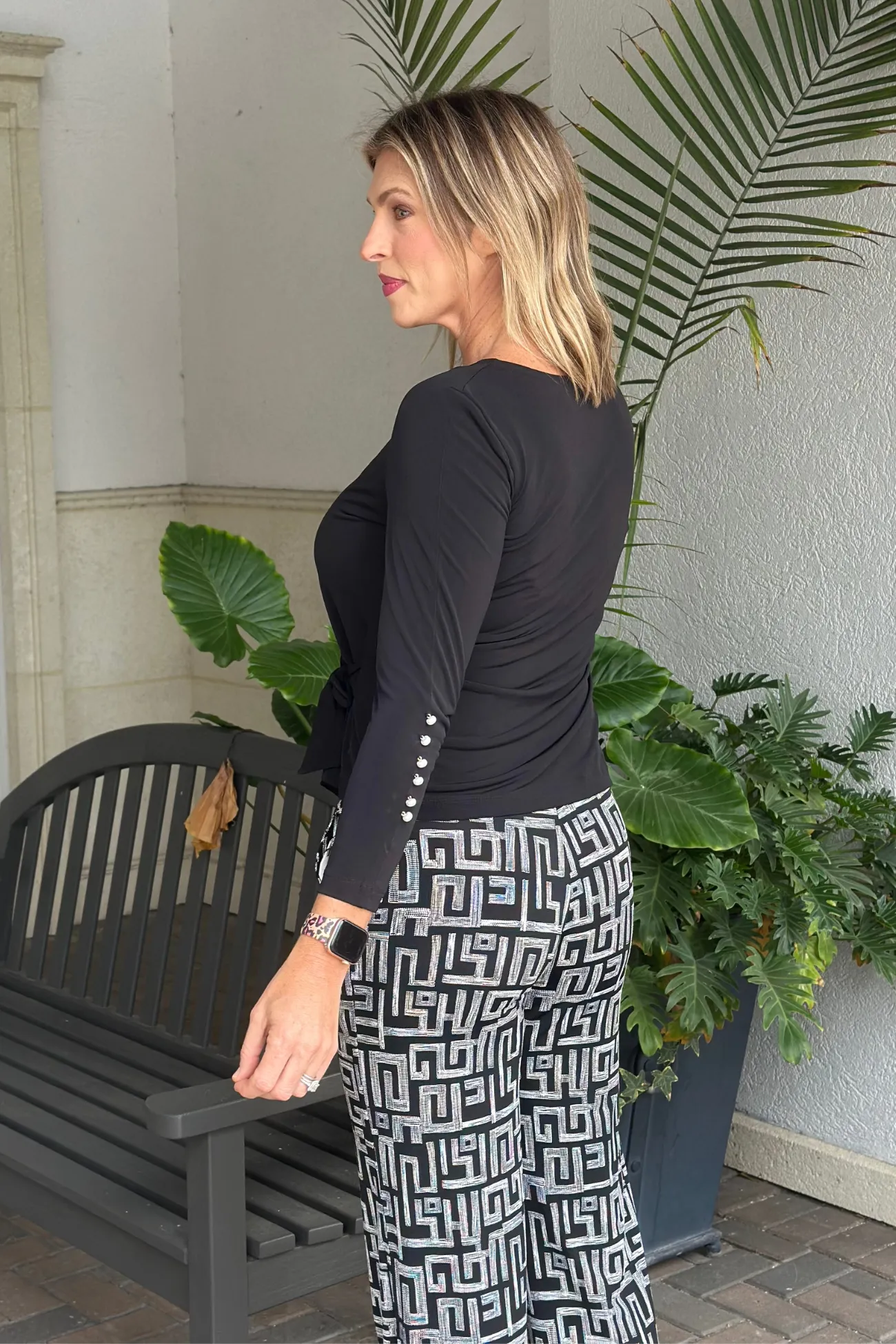 Clara Sunwoo Black Pearl Cuff Side Tie Waist Top