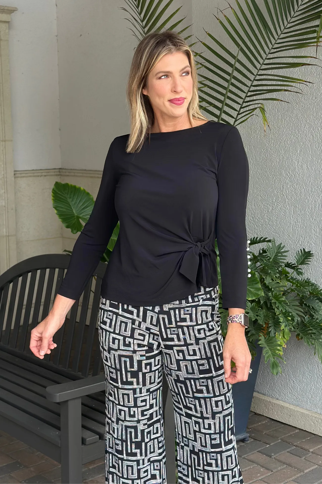 Clara Sunwoo Black Pearl Cuff Side Tie Waist Top