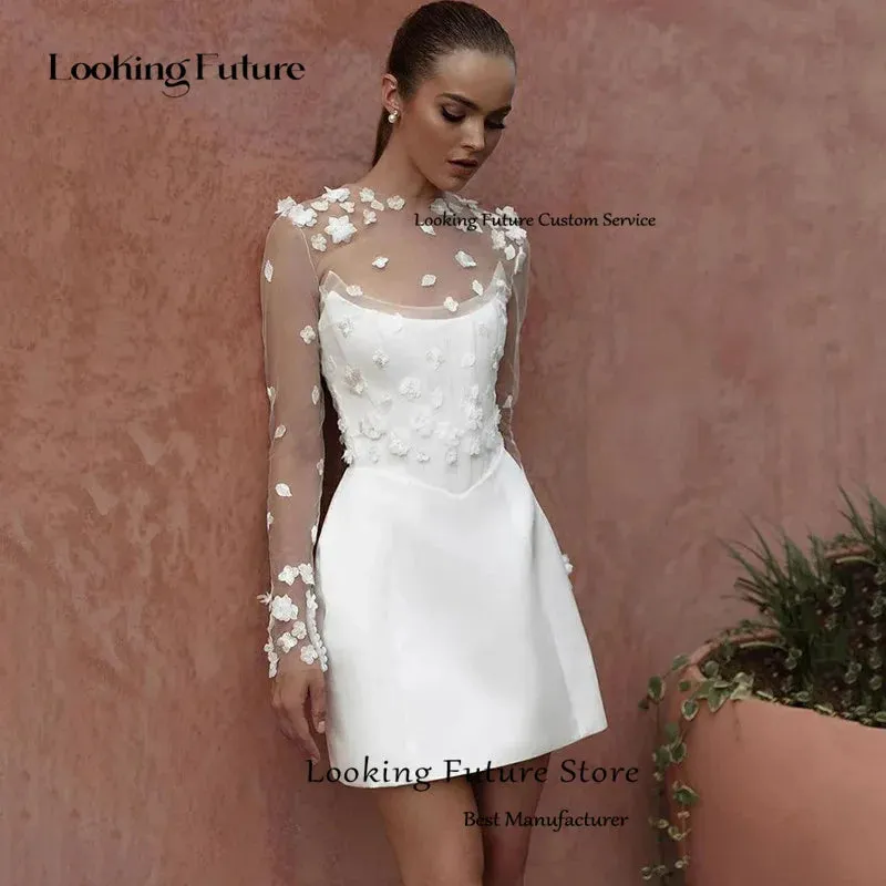 Classic A-Line Mini White Wedding Dress Satin Lace Long Sleeve 3D Flower
