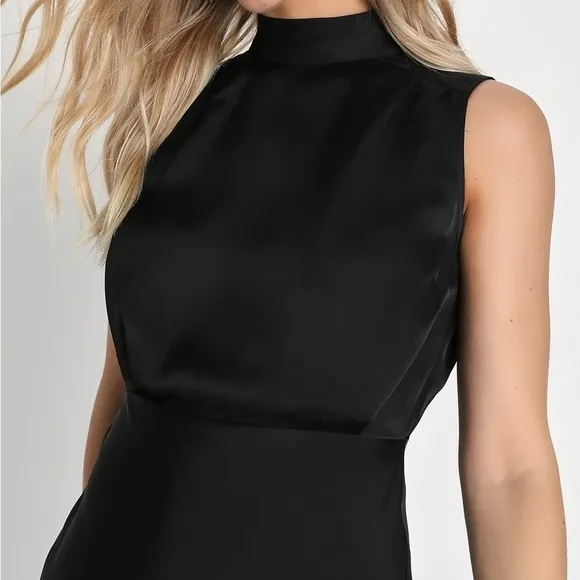 Classic Elegance Black Satin Sleeveless Mock Neck Maxi Dress L