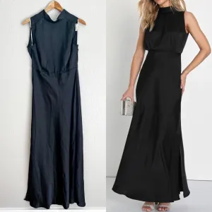 Classic Elegance Black Satin Sleeveless Mock Neck Maxi Dress L