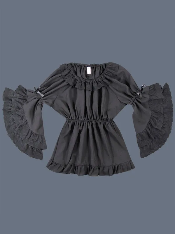 Classic Lolita Blouse Lace Layered Ruffle Bowknot Hime Sleeve Chiffon Black Lolita Top