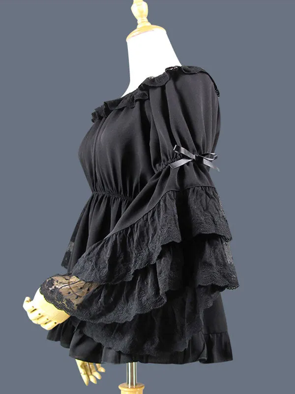 Classic Lolita Blouse Lace Layered Ruffle Bowknot Hime Sleeve Chiffon Black Lolita Top