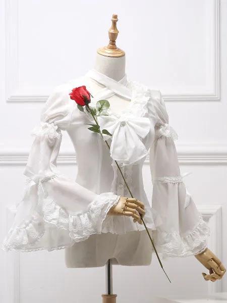 Classic Lolita Blouse Royal Fairytale Lace Bow Ruffle Chiffon White Lolita Shirt