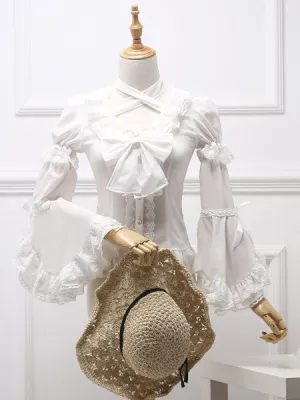 Classic Lolita Blouse Royal Fairytale Lace Bow Ruffle Chiffon White Lolita Shirt