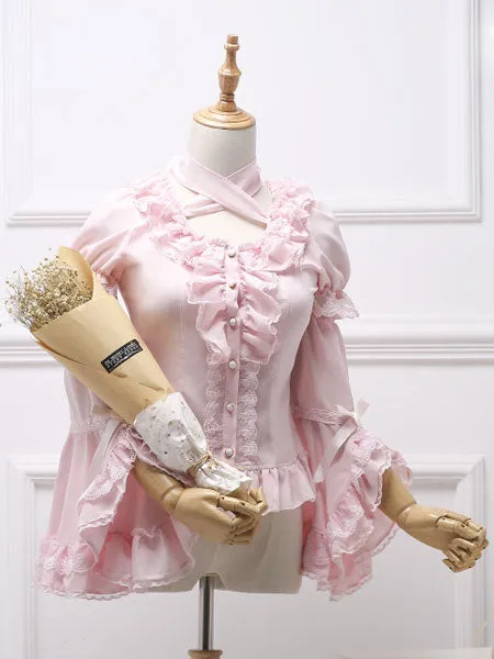 Classic Lolita Blouse Royal Fairytale Lace Bow Ruffle Chiffon White Lolita Shirt