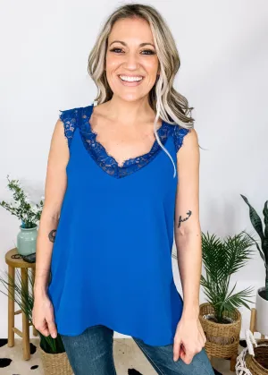 Cobalt Tank with Lace Neckline and Strap Detail