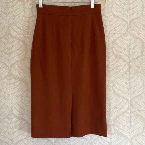 Cognac Brown High Waisted Lightweight Wool Midi Skirt Belt/Buckle Detail, Retro