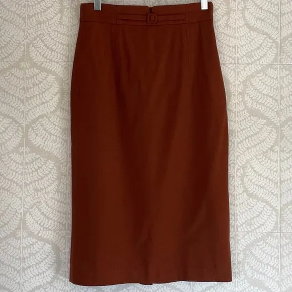 Cognac Brown High Waisted Lightweight Wool Midi Skirt Belt/Buckle Detail, Retro
