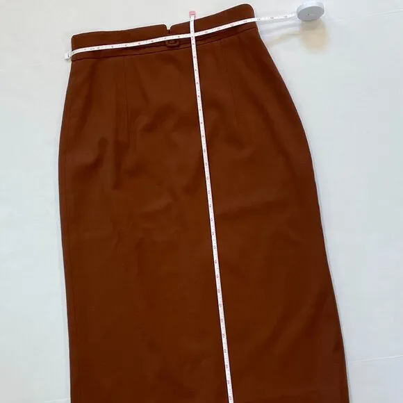 Cognac Brown High Waisted Lightweight Wool Midi Skirt Belt/Buckle Detail, Retro
