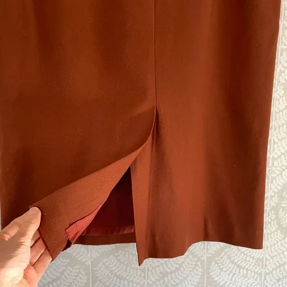 Cognac Brown High Waisted Lightweight Wool Midi Skirt Belt/Buckle Detail, Retro