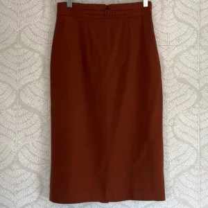 Cognac Brown High Waisted Lightweight Wool Midi Skirt Belt/Buckle Detail, Retro