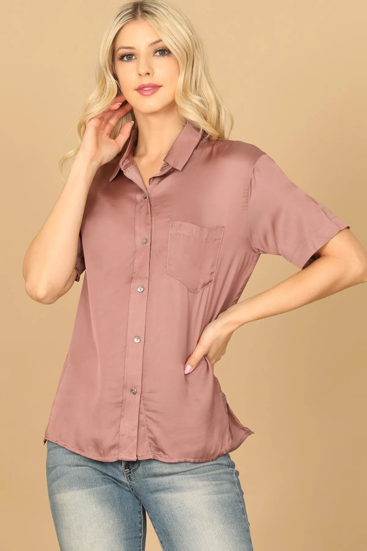 COLLARED HALF SLEEVE BUTTON DOWN SOLID TOP