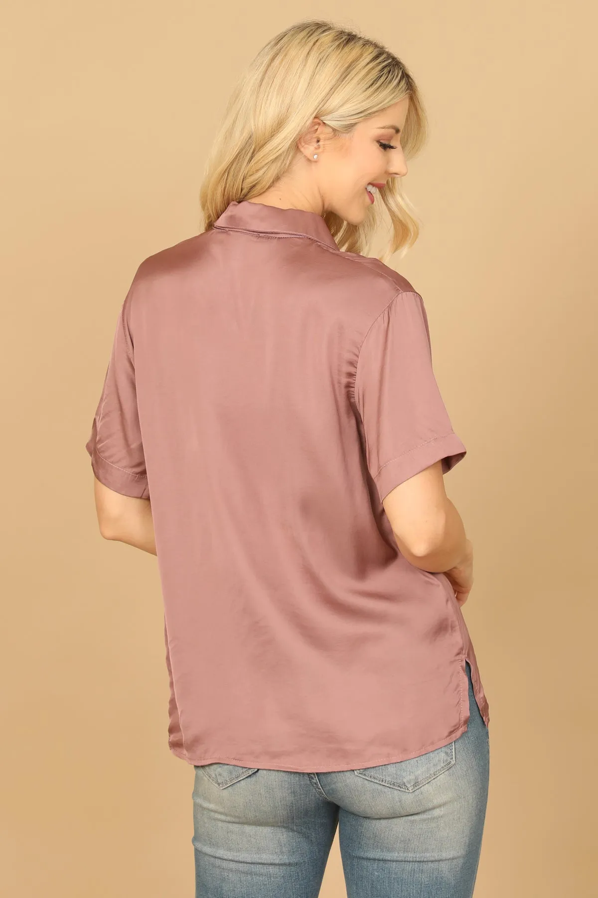 COLLARED HALF SLEEVE BUTTON DOWN SOLID TOP