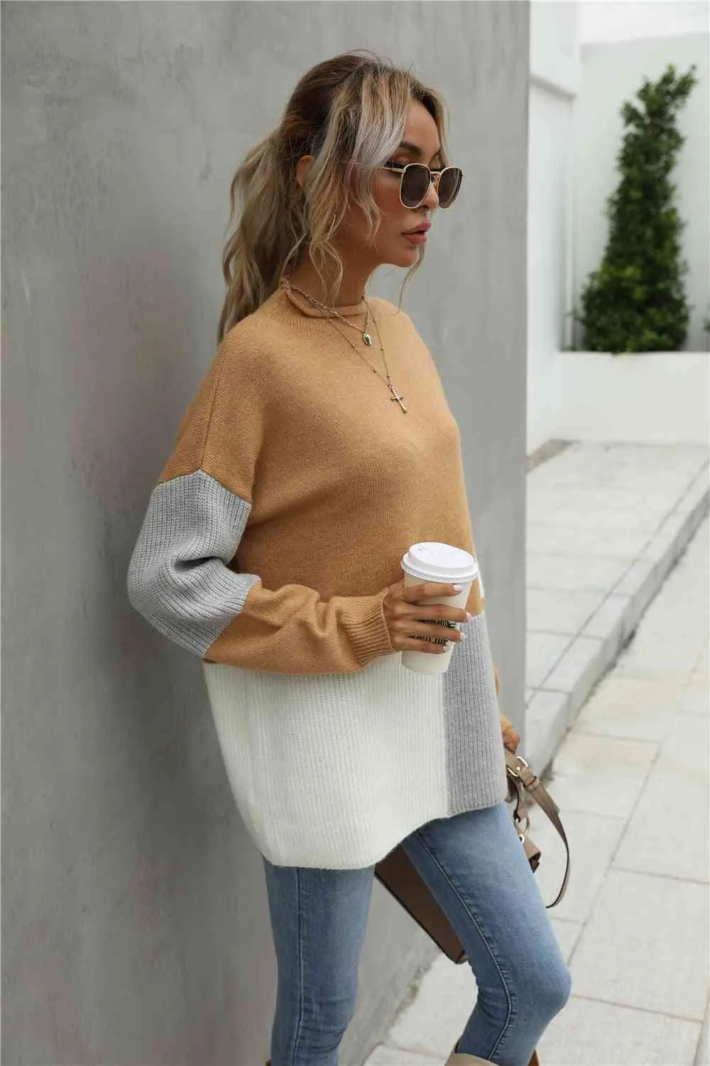 Color Block Round Neck Dropped Shoulder Sweater (2 Colors)