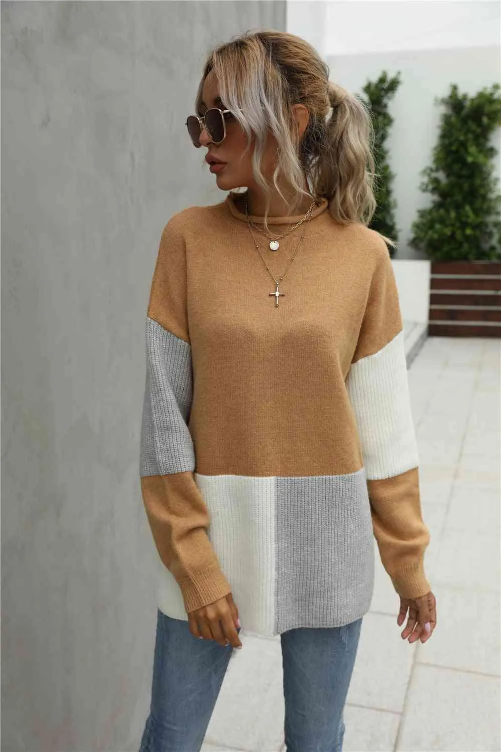 Color Block Round Neck Dropped Shoulder Sweater (2 Colors)