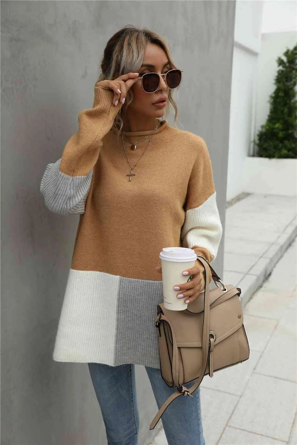 Color Block Round Neck Dropped Shoulder Sweater (2 Colors)