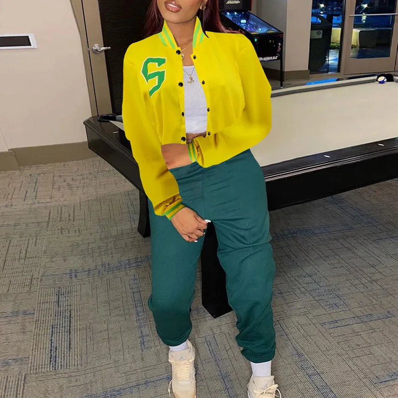 Colorblock Letter Print Long Sleeve Baseball Jacket