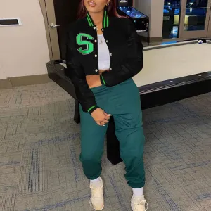 Colorblock Letter Print Long Sleeve Baseball Jacket