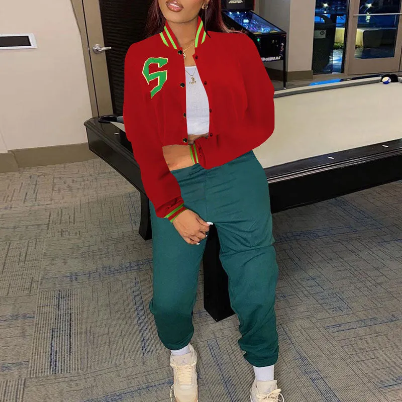 Colorblock Letter Print Long Sleeve Baseball Jacket