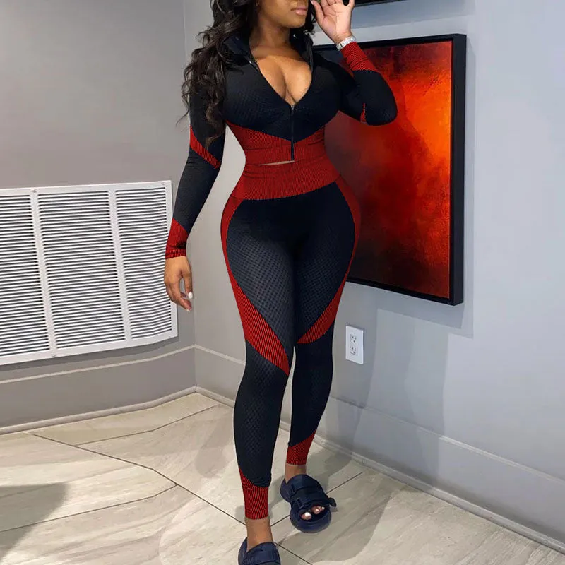 Colorblock Long Sleeve Zipper Design Top & Pants Set