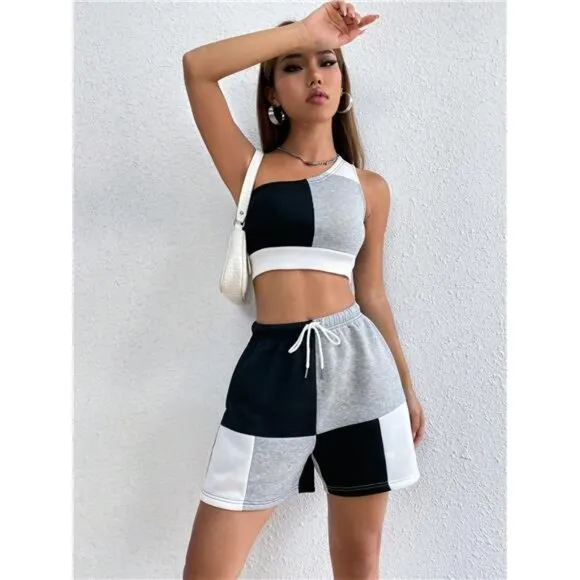 Colorblock One Shoulder Crop Top &amp; Drawstring Waist Shorts
