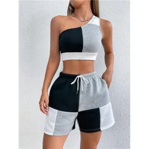 Colorblock One Shoulder Crop Top &amp; Drawstring Waist Shorts