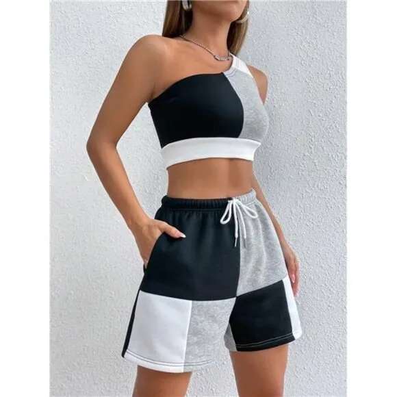 Colorblock One Shoulder Crop Top &amp; Drawstring Waist Shorts