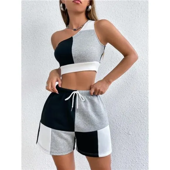 Colorblock One Shoulder Crop Top &amp; Drawstring Waist Shorts