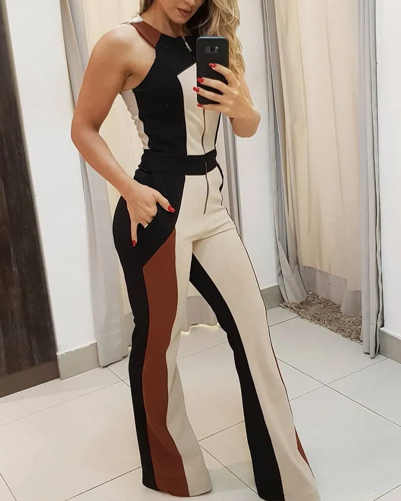 Colorblock Zipper Up Sleeveless Jumpsuit