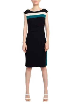 Connected Apparel Boat Neck Sleeveless Gathered Side Faux Wrap ITY Dress