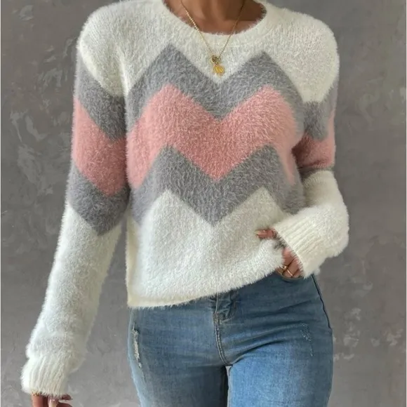 COPY - New  color block  zig zag  pattern long sleeve sweater
