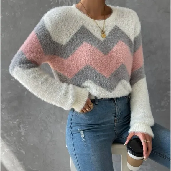 COPY - New  color block  zig zag  pattern long sleeve sweater