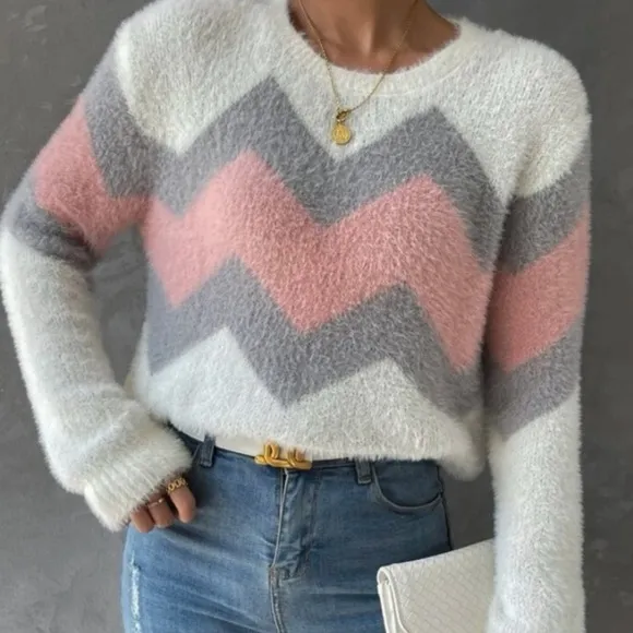 COPY - New  color block  zig zag  pattern long sleeve sweater