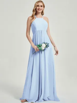 Cornflower Blue Halter Empire Pleated Backless Chiffon Bridesmaid Dress