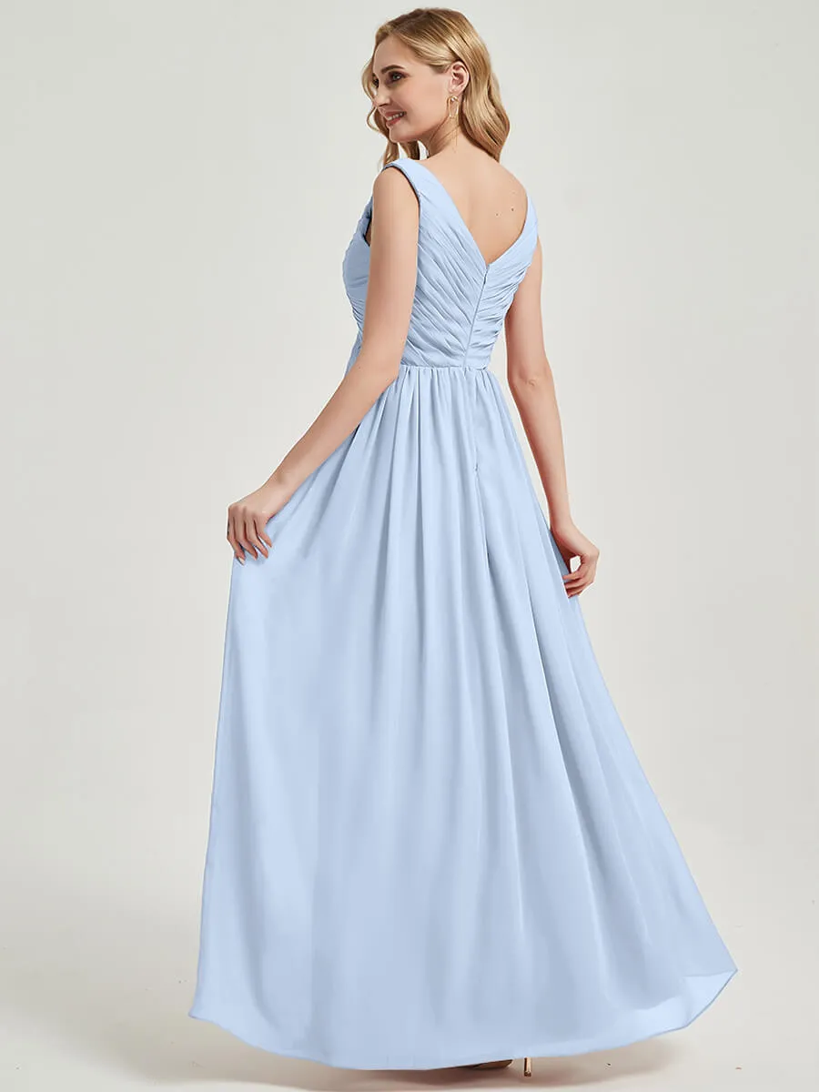 Cornflower Blue V-Neck Sleeveless Empire Maxi Chiffon Bridesmaid Dress