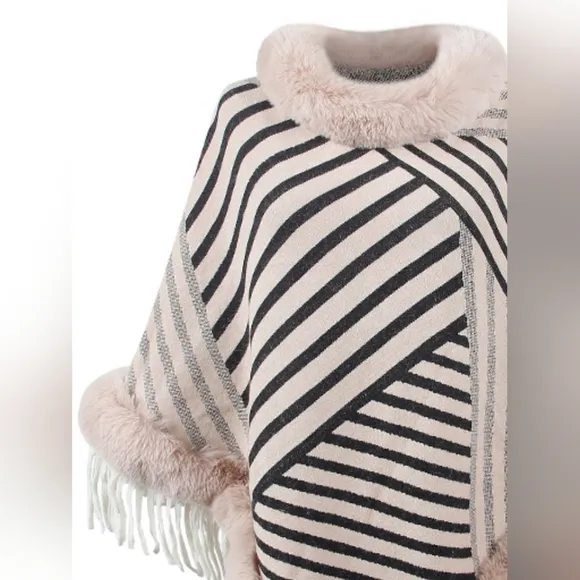 Cozy Stripes Fur-Trimmed Poncho