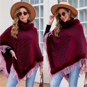Cozy Stripes Fur-Trimmed Poncho