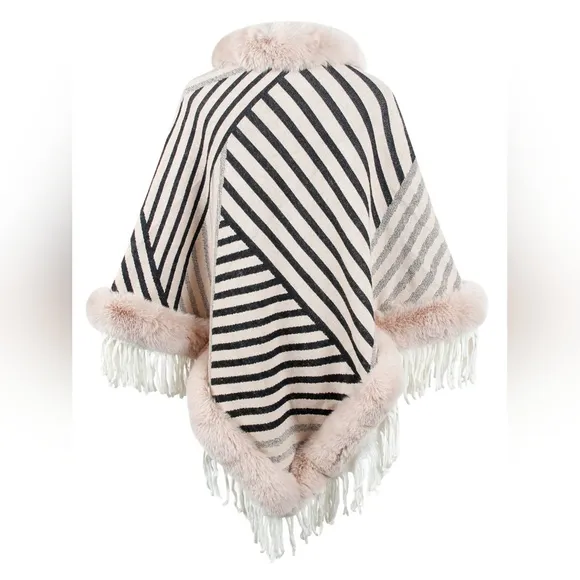 Cozy Stripes Fur-Trimmed Poncho