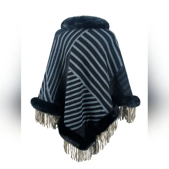 Cozy Stripes Fur-Trimmed Poncho